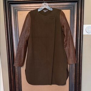 Vince Brown Wool Coat with Leather Sleeve Women's Jacket